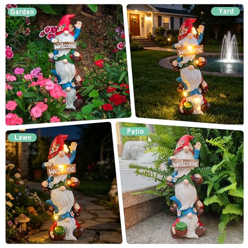 Garden Triple Stacked Gnome Statue with Solar Light Outdoor Decor (Solar Gnome)