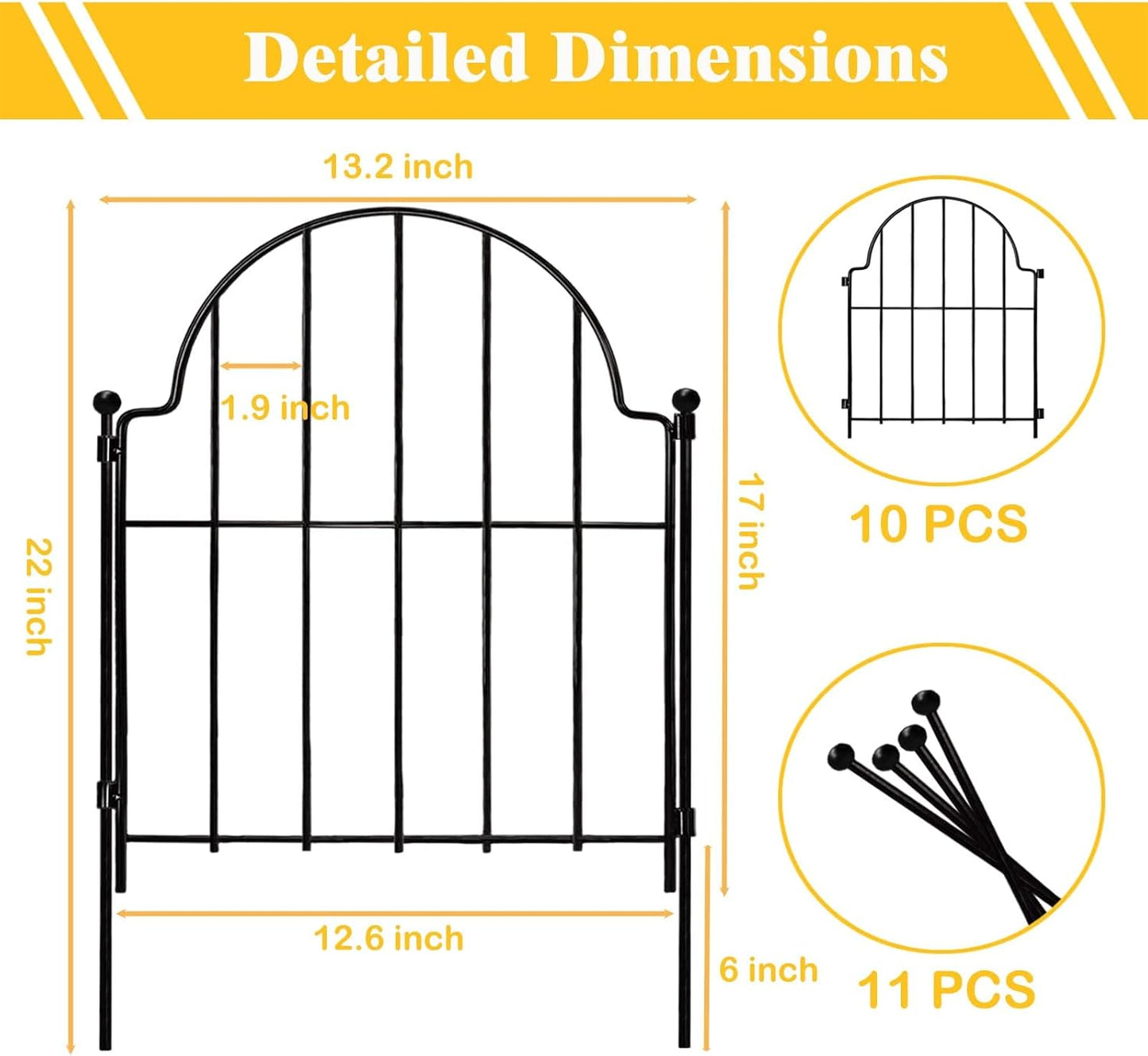 Garden Fence, 22 in(H) x 10.83 ft(L) Arched Rustproof Metal No Dig Fence Garden Fence Border, Ground Stake Animal Barrier Fence for Rabbit Dog, Outdoor Decor for Yard & Patio