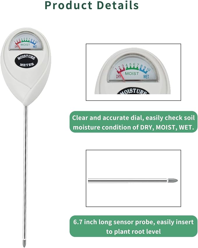 Soil Moisture Meter, Soil Moisture Monitor for House Plants, Soil Hygrometer Moisture Sensor for Indoor & Outdoor, Garden, Farm, Lawn Plant Care, No Battery Needed(White)
