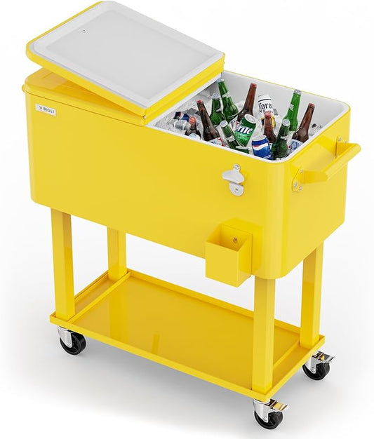 VINGLI 80 Quart Rolling Ice Chest, Portable Patio Party Bar Drink Cooler Cart, with Shelf, Beverage Pool with Bottle Opener