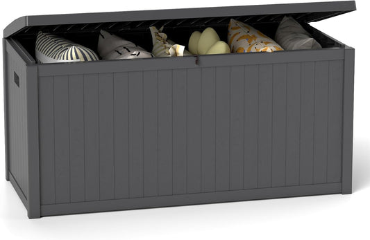 120 Gallon Resin Deck Box, Weatherproof Outdoor Storage Box for Patio, Garden, Pool, and Yard, Lockable Waterproof Bin for Tools, Cushions, and Accessories, Grey