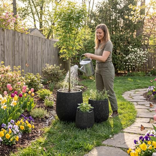 Signature Mount Wilson Modern Indoor Outdoor Fiberstone Tapered Planter (Ribbed Black / 11'' D x 12'' H)