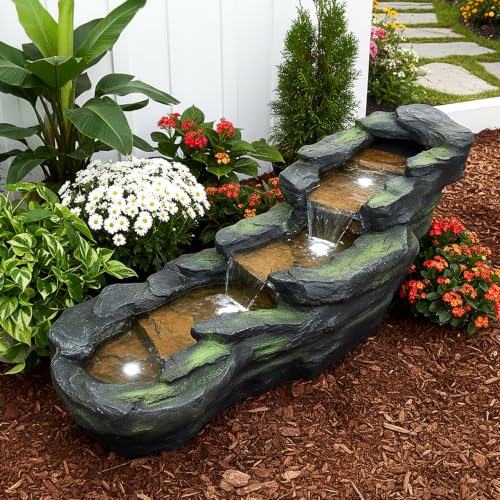 Cascading Rock Outdoor Water Fountain with LED Lights (41.3" L / Gray_13)