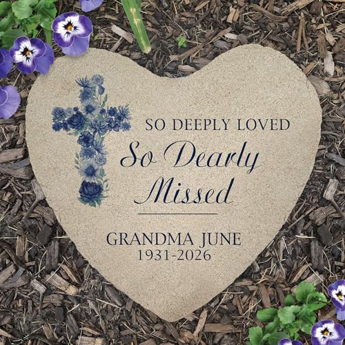 Personalized Blue Floral Memorial Cross Garden Stone (Blue Cross / Heart)