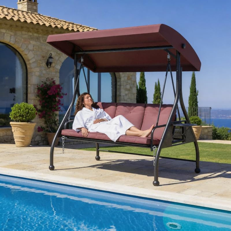 3 Seat Patio Porch Swing with Adjustable Canopy and Stand (Brown / with cup holder)