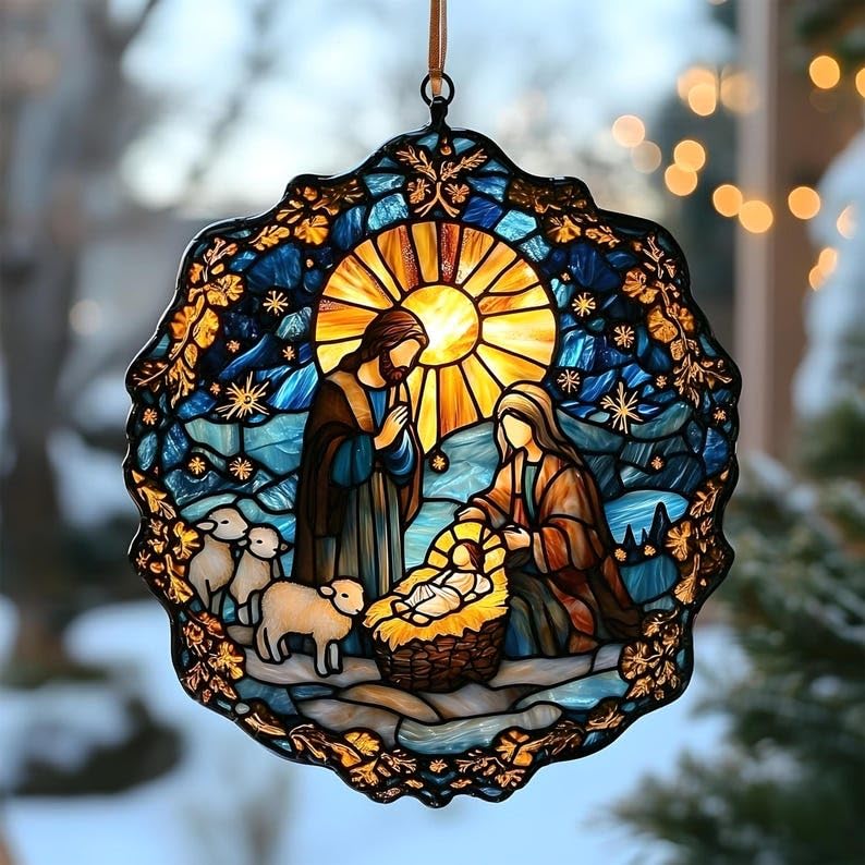 Nativity Catholic Acrylic Suncatcher Ornament Religious Window Hanging Christian Inspirational Home Decor (1-fba-xmas-f93-g / 12")