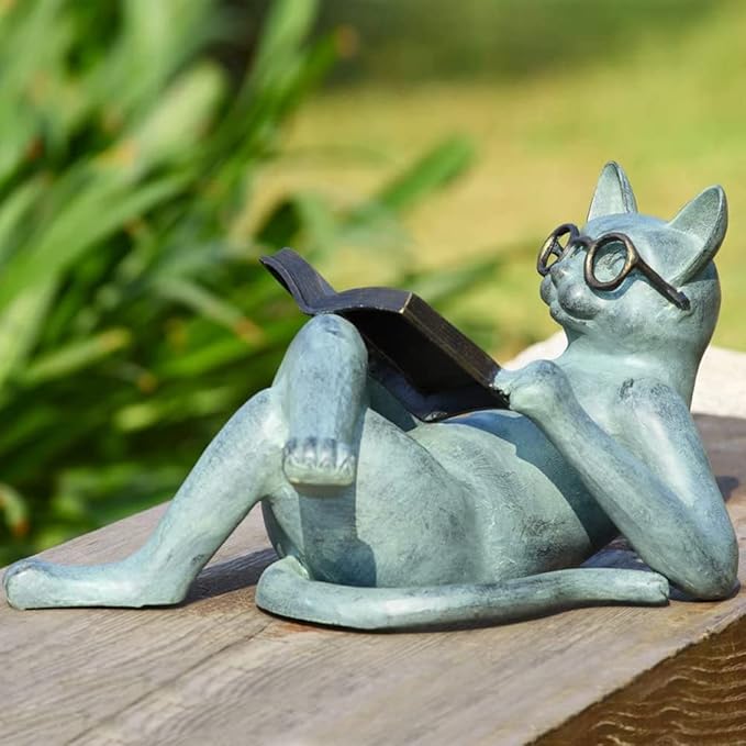 Cat Statues - Garden Decor Reading Cat Craft Wearing Glasses Sculpture, 18X8X5CM