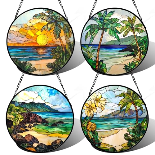 Stained Glass Window Hanging 4 Pcs Set Blue Ocean Coconut Tree Scenery 6.3" (4-piece Set Blue-green / 6.3x6.3 IN)