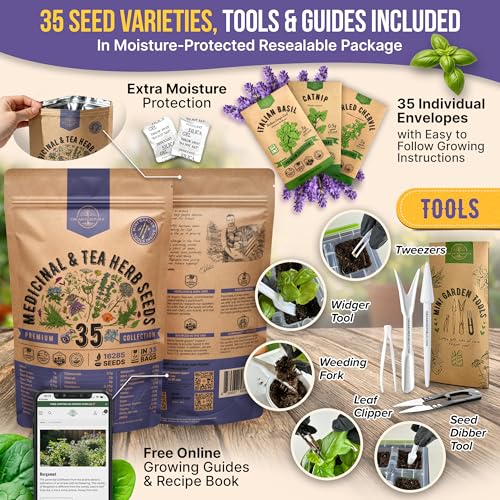 35 Medicinal & Tea Herb Seeds Variety Pack for Indoor & Outdoors. 16 (35 Count)