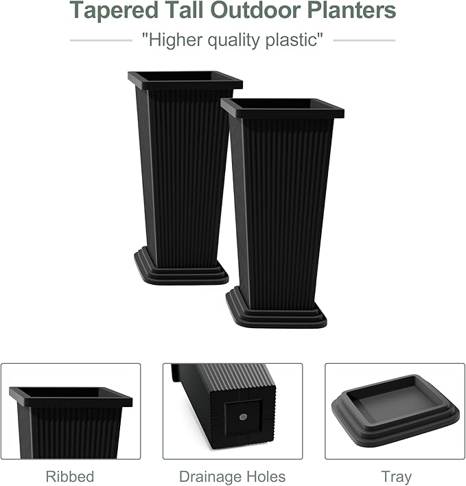 Tall Black Planters Outdoor Set of 2, Large Outdoor Tall Planters Pots with Tray, Modern Tapered Flower Planter for Front Porch, Patio, Garden (24", Ribbed)