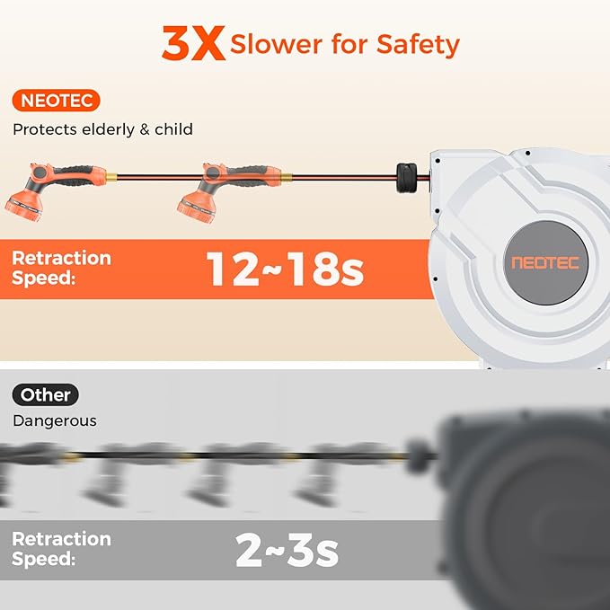Upgraded Retractable Garden Hose Reel 1/2 inch x 130 ft Any Length Lock 9 Pattern Nozzle Wall-Mounted Automatic Slow Return 180° Swivel UV Resistant Heavy Duty Hose Reels for Outside