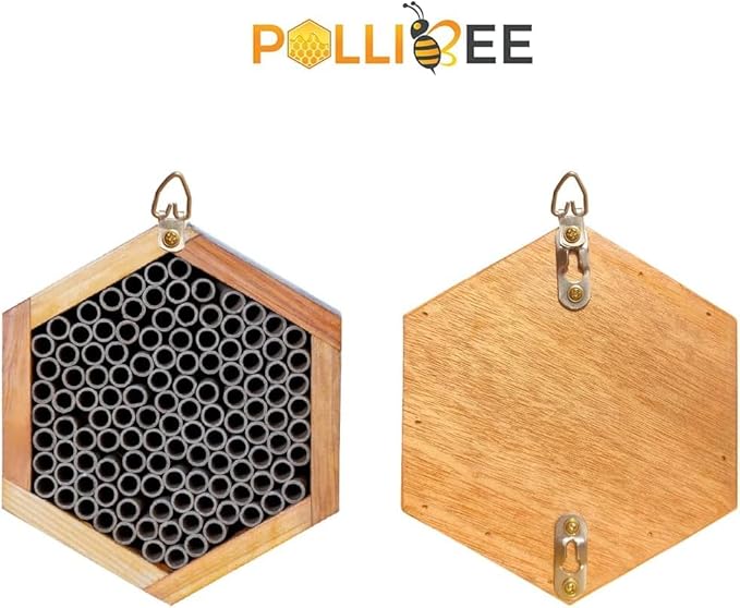 Mason Bee House - Handmade Natural Wooden Bee Hive Coated with Wax for Water-Proof and Long Service Life - Attracts Peaceful Bee Pollinators to Your Garden, Bee Houses for Garden
