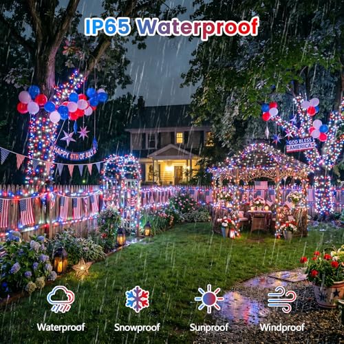 2pack 500LED Solar String Lights Outdoor Waterproof Red White Blue (Red White Blue / 2PK-500LED)