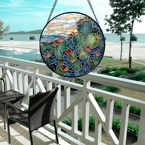 Cactus Stained Glass Window Hanging Suncatcher Gifts for Women 15" (15x15 IN)