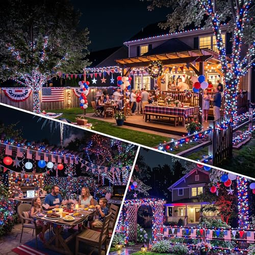 2pack 500LED Solar String Lights Outdoor Waterproof Red White Blue (Red White Blue / 2PK-500LED)