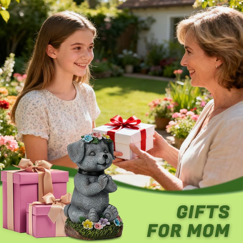 Meditating Dog Garden Statue with Solar LED Lights (Light Grey)