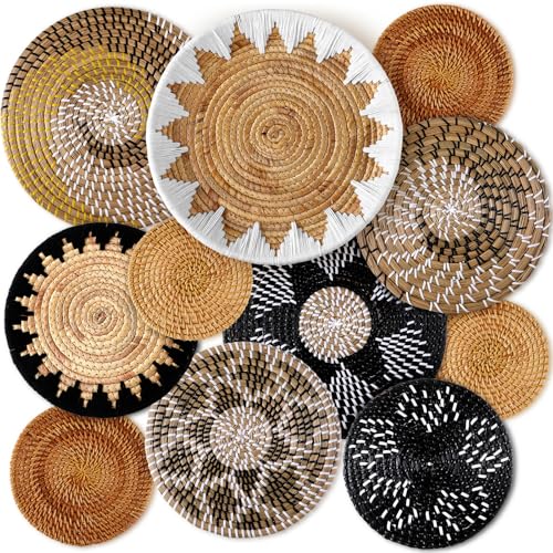 11 Pcs Boho Hanging Wall Basket Decor Handmade Woven Basket Wall Decorative Boho Wicker Baskets Placemats Round Farmhouse Bulrush Art for Rustic Home Decorations Christmas Gift (11 Count)