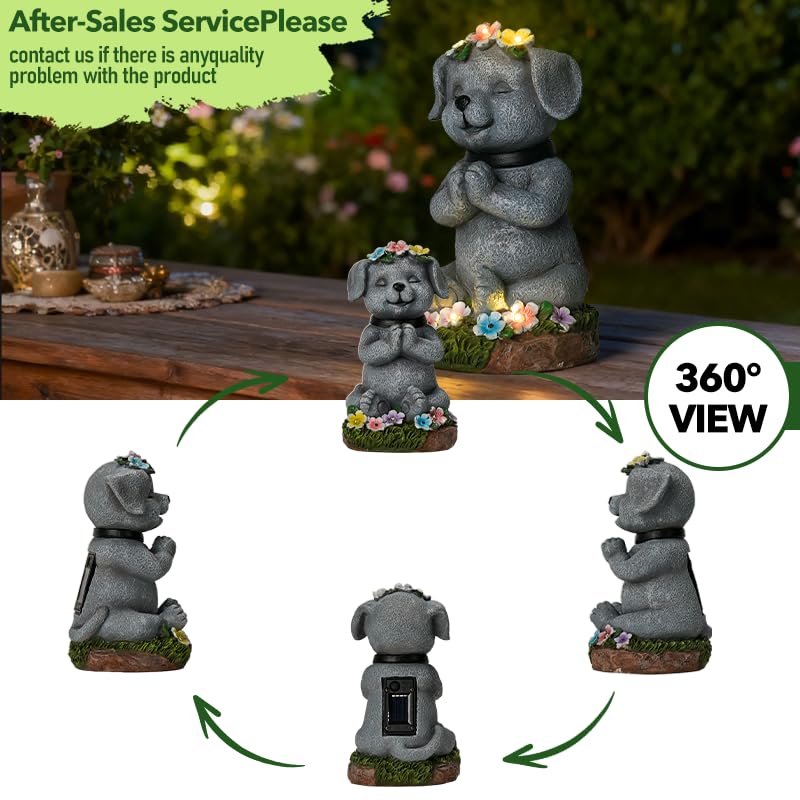 Meditating Dog Garden Statue with Solar LED Lights (Light Grey)