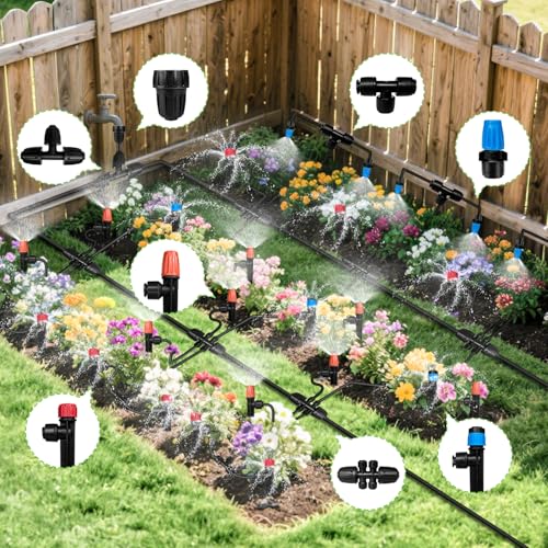 250FT Drip Irrigation System for Garden with 40 Nozzles & Emitters (53FT 1/2'' Main Line + 197FT 1/4'' Drip Line)