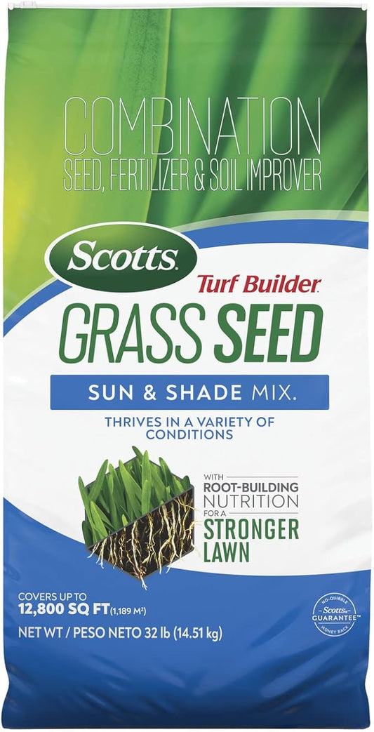 Scotts Turf Builder Grass Seed Sun and Shade Mix - Grass Seed Plus Lawn Fertilizer and Soil Improver, Covers Up To 12,800 sq. ft., 32 lb.