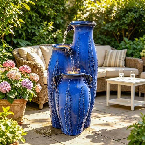 30" Outdoor Water Fountain (Blue Cascading Vase Cobalt 29.5"h)
