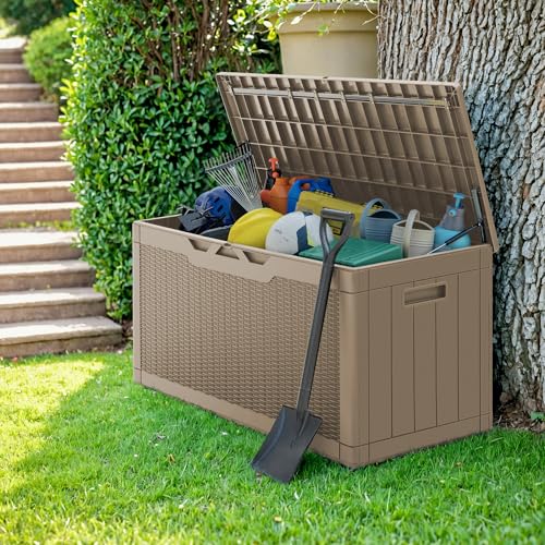 100 Gallon Resin Deck Box Outdoor Storage with Cushion (Coffee / 100 Gallon with Cushion)