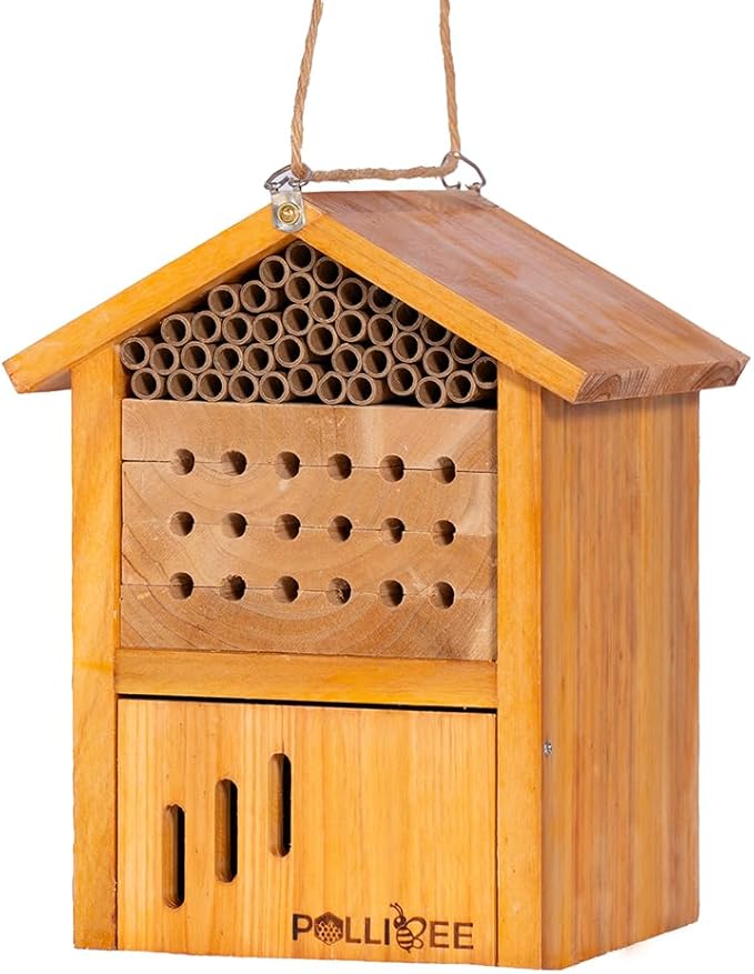 Mason Bee House -Wax Coated Mason House for The Garden, Natural Handmade Wooden Waterproof Mason Home, Attracts Peaceful Bee Pollinators,Native Mason Bee Habitat