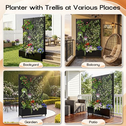 Metal Planter Box with Trellis Outdoor (Louvered-black1 / 72"x47"x16")