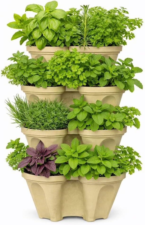 Vertical Garden Planter 4 Tier Stackable System 16 Plants, Space Saving Herb, Strawberry & Food Crop Planter with Center Support Hole for Indoor Outdoor Gardening (4, Desert Sand, Small)
