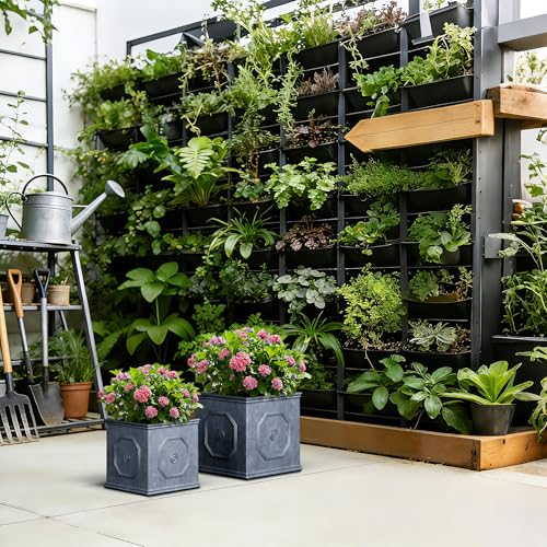 2 Pack 12.6" 10.2" Square Dusty Blue Concrete Planters Home & Outdoor (Antique Gray / 10.2" and 12.6")
