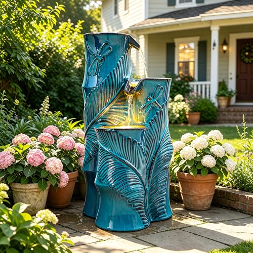 Autodaya Tropical Turquoise Ceramic Outdoor Water Fountain with Lights (25.5"h Bamboo-style Teal Blue)