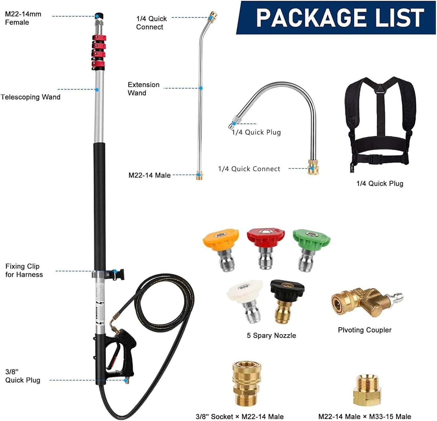 Pressure Washer Extension Wand 24 FT, Extension Pole for Pressure Washer with Gutter Extension, and 5 Spray Nozzle Tips for Roof Fence Window Washing Gutter Cleaner
