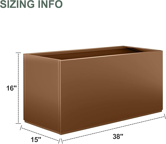 Metal Outdoor Planter Box, Rectangular Large Planters for Outdoor Plants with Drainage Holes for Patio, All-Weather Use, Rust-Resistance (38" L x 15" W x 16" H, Brown)