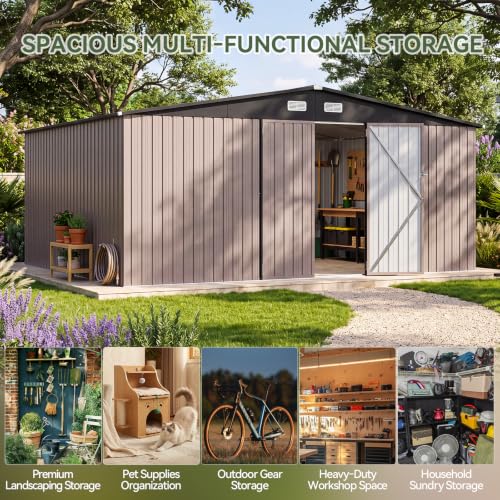 14x12 FT Outdoor Storage Shed with Lockable Double Doors (Brown / 14'x12')