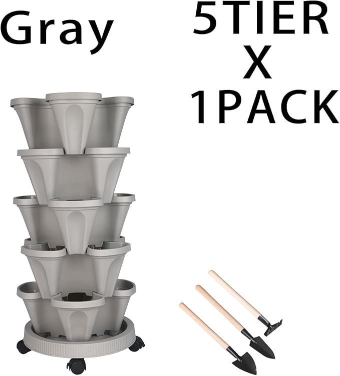 GameXcel Vertical Planter Tower- 5 Tier Stackable Garden Planter with Wheels and Tool Set – Grow Strawberries Herbs Flowers and Vegetables - Indoor Outdoor Use Gray