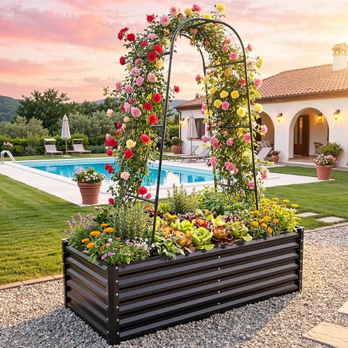 6x3x2ft Galvanized Raised Garden Bed with Tall Arch Trellis (Black / 6x3x2ft W/ Trellis)