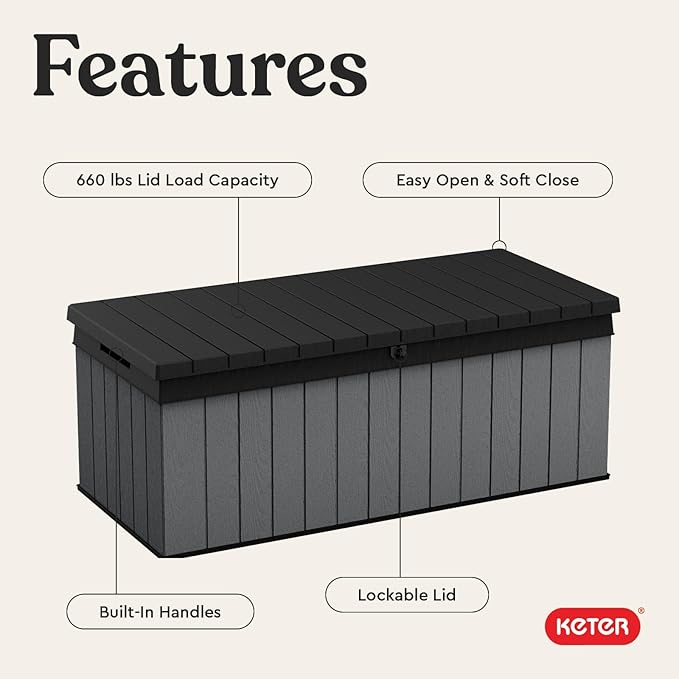 Keter Darwin 100 Gallon Resin Large Deck Box - Organization and Storage for Patio Furniture, Outdoor Cushions, Garden Tools and Pool Toys, Grey & Black