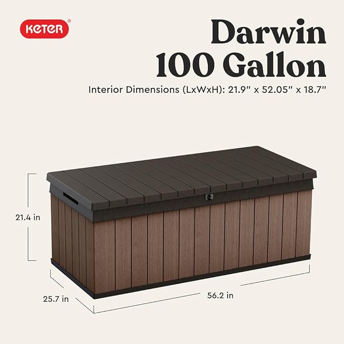 Keter Darwin 100 Gallon Resin Large Deck Box - Organization and Storage for Patio Furniture, Outdoor Cushions, Garden Tools and Pool Gear