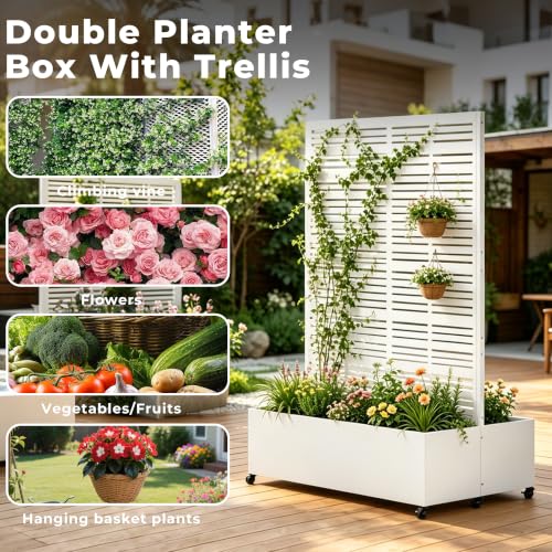 Double Metal Planter Box with Trellis Privacy Screen (White Line / 73"x 47"x 30")