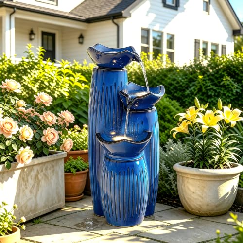 Autodaya 30" H Modern Ceramic Outdoor Water Fountain (Cobalt Blue Fluted-30"h)