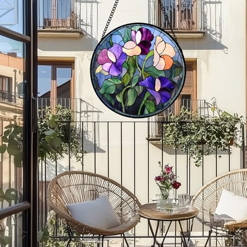 Purple Pink Flower Leaves Stained Glass Window Hanging Suncatcher Gift 15" (Multiple Colors / 15x15 IN)