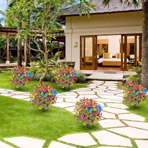 2 PCS Artificial Boxwood Topiary Ball Trees with Flowers (Mix With Butterfly)