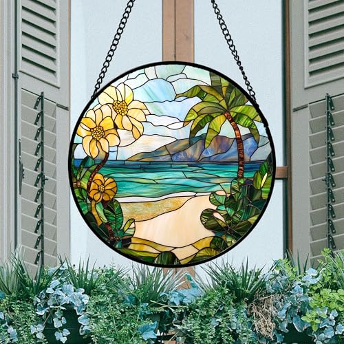 Stained Glass Window Hanging 4 Pcs Set Blue Ocean Coconut Tree Scenery 6.3" (4-piece Set Blue-green / 6.3x6.3 IN)