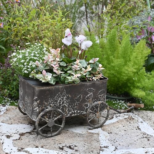 Vintage Flower Cart with Wooden Handles Metal Wagon Planter Brown