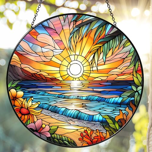 Beach Sunset Sun Catcher Stained Glass Window Hanging 9.8'' (Beach Sunset / 9.8inch)
