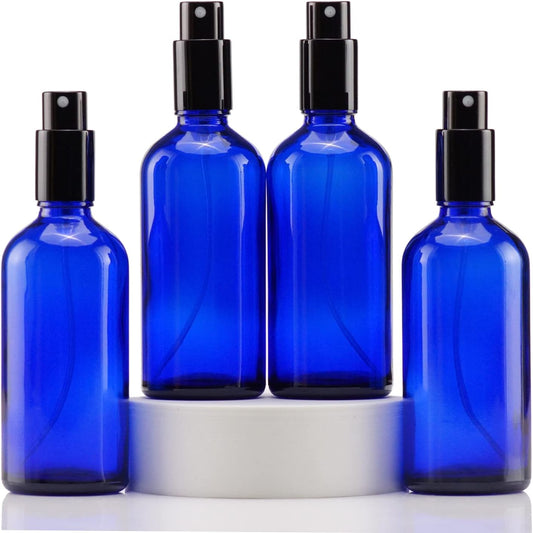 YIZHAO Blue Glass Spray Bottles 4oz, with Small Fine Mist Spray, Metal Cap, Refillable for Essential Oil,Travel,Cleaning,Perfume,Aromatherapy,Makeup – 4 Pcs