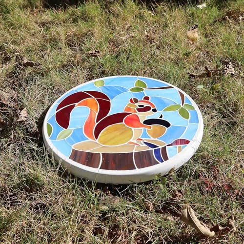 MSS006 Tiffany Style Stained Glass Mosaic Decorative Stepping Stone for Garden Decor (12" Round / Squirrel)