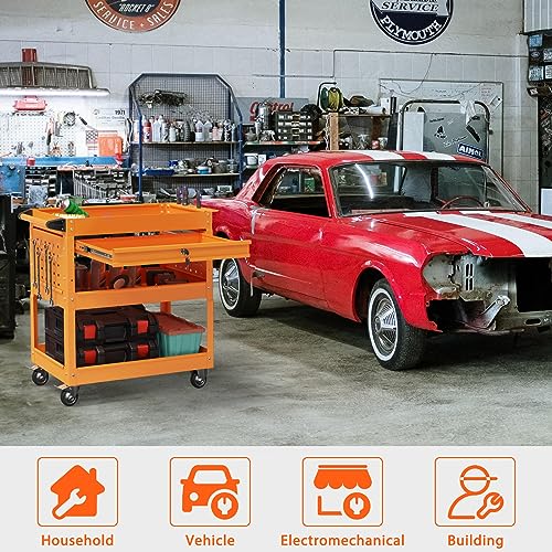 3 Tier Heavy Duty Rolling Tool Cart with Drawers (Orange)
