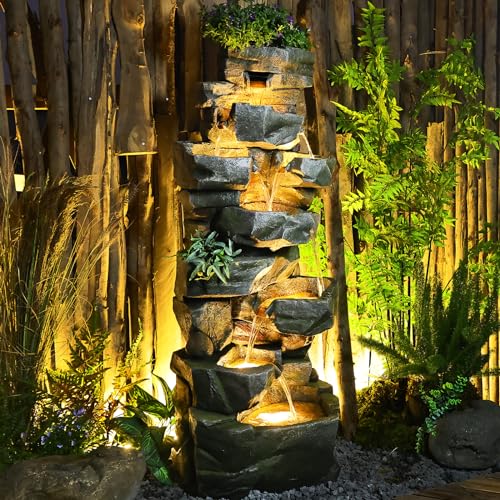 58" H Cascading Realistic Rock Outdoor Water Fountain with 7 Tiers (58H / Gray-3071)