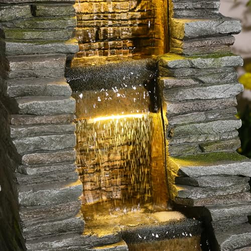47 in High Water Fountain Outdoor Garden 3 Tier Cascading Large Outdoor Fountains and Waterfalls with LED Lights for Garden (Stone 47 Inch)